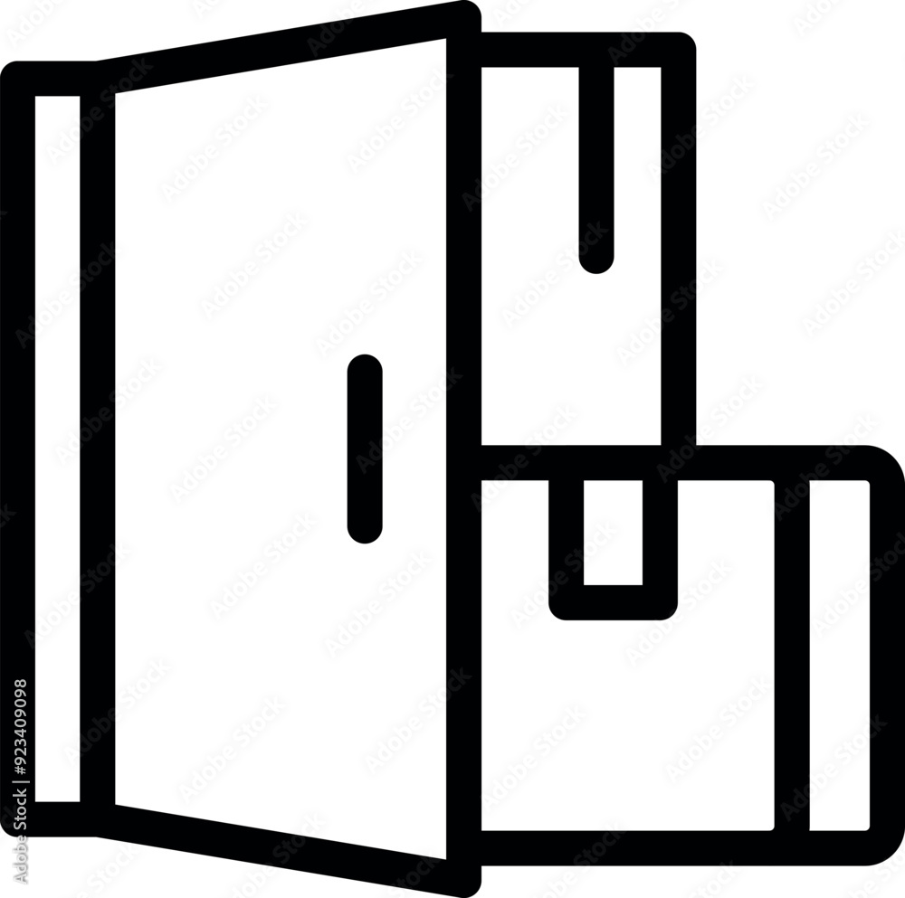Line drawing of an open door with cardboard boxes in front, symbolizing a delivery service
