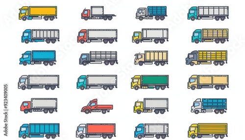 Various truck designs in different colors and configurations displayed in a grid layout