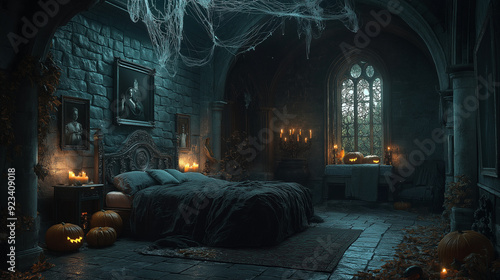 Spooky bedroom decorated with pumpkins and cobwebs during Halloween night in a spooky haunted castle