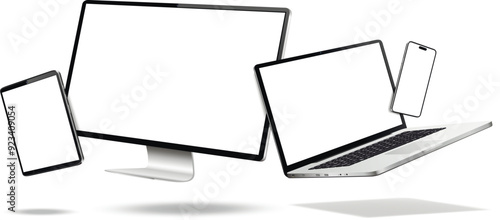 Flying computer display, laptop, tablet, phone mock up with white screen