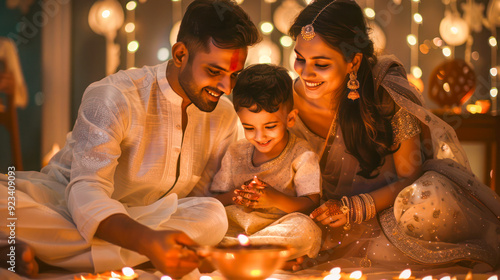 happy young Indian family in traditional dress celebrating diwali festival at home. Smiling Indian woman, man and child holding diya candle sitting on floor. Festival of Lights in India photo