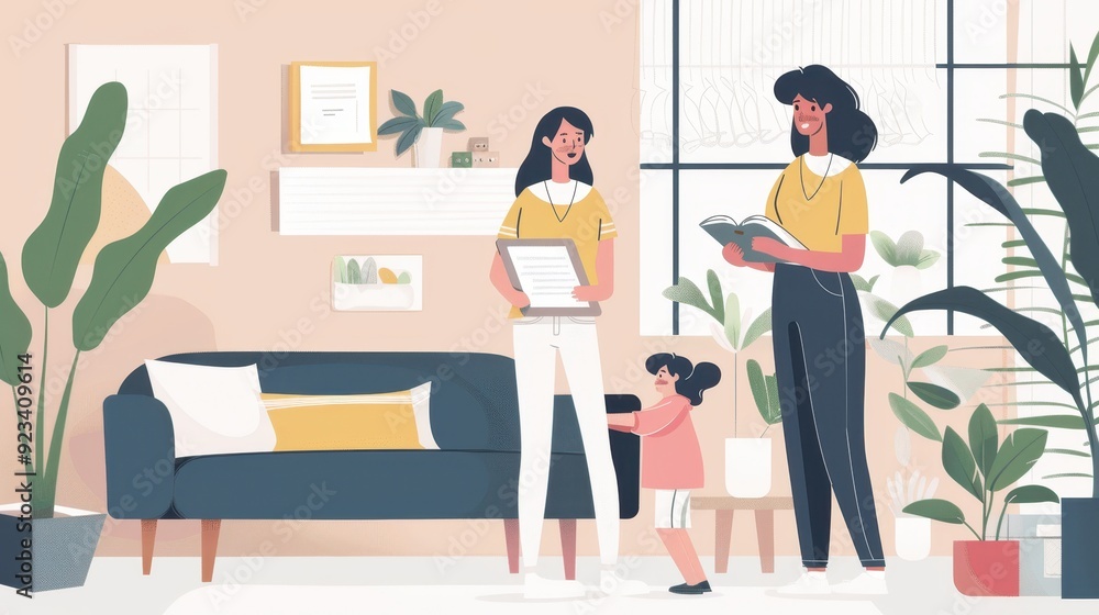 A woman reads while another stands with a tablet, as a child explores nearby in a vibrant, plant-filled room A woman reads while another stands with a tablet, as a child explores nearby in a vibrant, plant-filled room