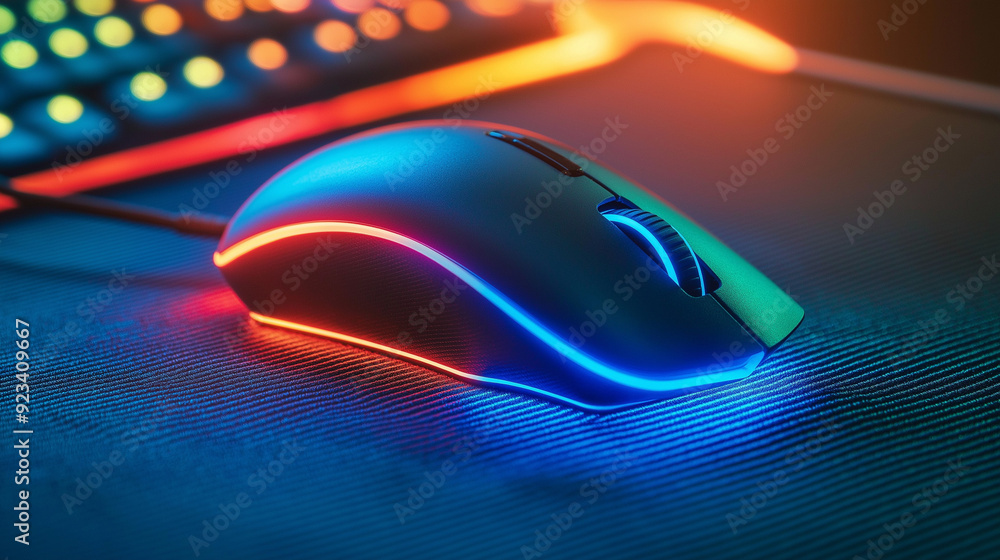 mouse and keyboard, A gaming mouse with lighting, glowing in different colors, placed on a textured gaming mouse and keyboard, A gaming mouse with lighting, glowing in different colors, placed on a textured gaming