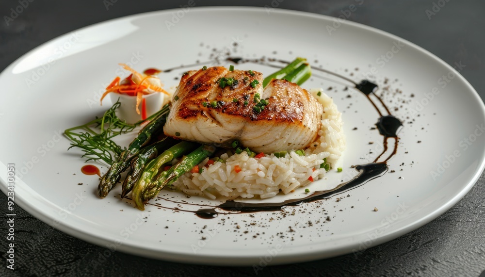Grilled fish fillet with asparagus and rice served on a white plate Grilled fish fillet with asparagus and rice served on a white plate