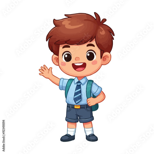 Cartoon happy school boy waving hand vector illustration