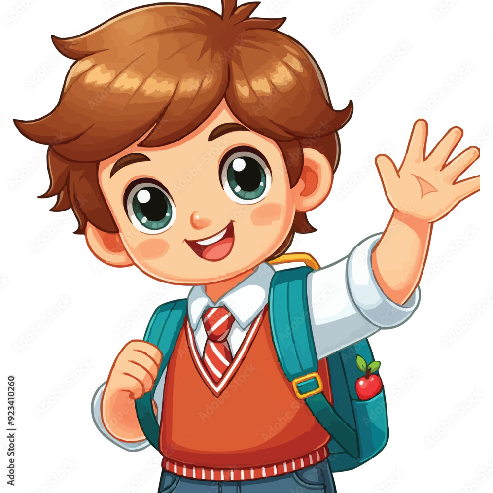 Cartoon happy school boy waving hand vector illustration Cartoon happy school boy waving hand vector illustration