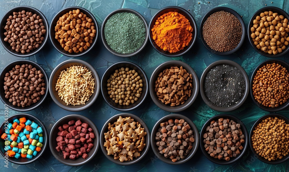 bowl of dry food for cat or dog,pet accessories on green table top view pet care,training concept. bowl of dry food for cat or dog,pet accessories on green table top view pet care,training concept.