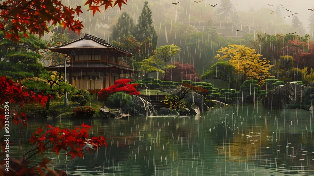 Naklejka premium Rainy Day in a Japanese Garden