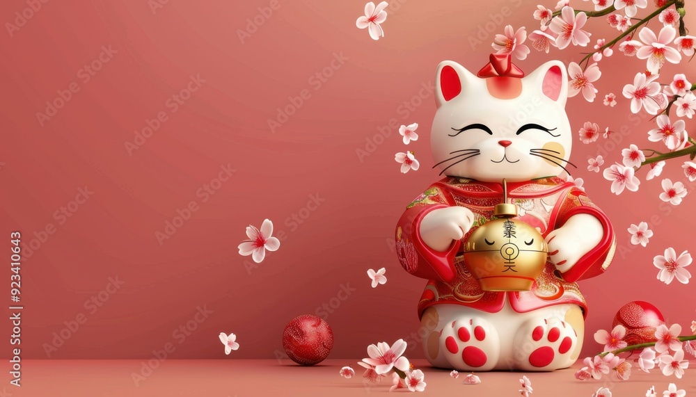 Charming lucky cat figurine with cherry blossoms on a soft pink background Charming lucky cat figurine with cherry blossoms on a soft pink background