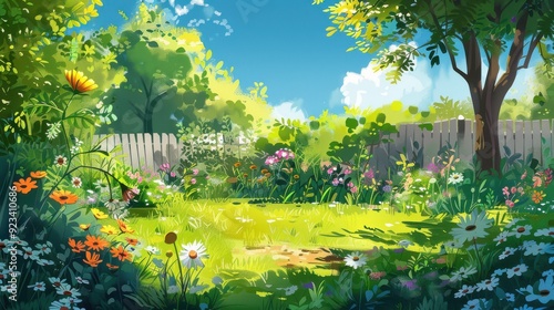 a bright summer backyard garden scene, digital painting, children's book illustration 