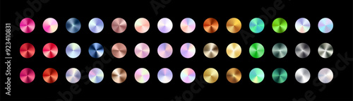 Metallic circle gradient color set. Colorful metal rose gold, chrome, bronze, silver, pearl, rainbow, green, blue swatches palette. Holographic conic gradient. Vector shiny multicolor background.