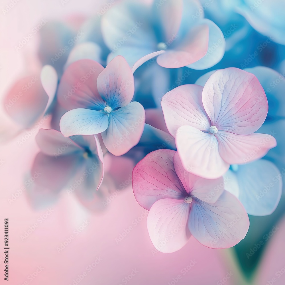 Close-up of hydrangea flowers in pastel blue and pink with soft focus, blurred background, and dreamy effect. Close-up of hydrangea flowers in pastel blue and pink with soft focus, blurred background, and dreamy effect.