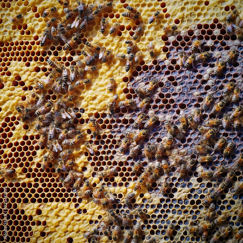 Close-up of honeycomb with bees working inside, symbolizing the beauty and harmony in nature's intricate details. Close-up of honeycomb with bees working inside, symbolizing the beauty and harmony in nature's intricate details.
