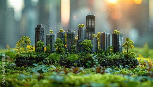 Miniature green city model on mossy surface Blurred background Sustainable urban design concept Eco-friendly architecture Environmental planning idea