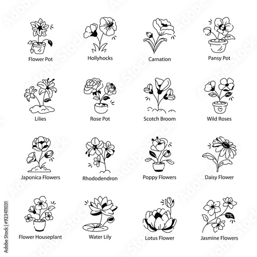 Set of Doodle Style Floral Icons

