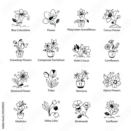 Collection of Flowers Doodle Icons