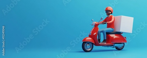 Pizza delivery guy on a red scooter wearing red safety helmet on a blue background