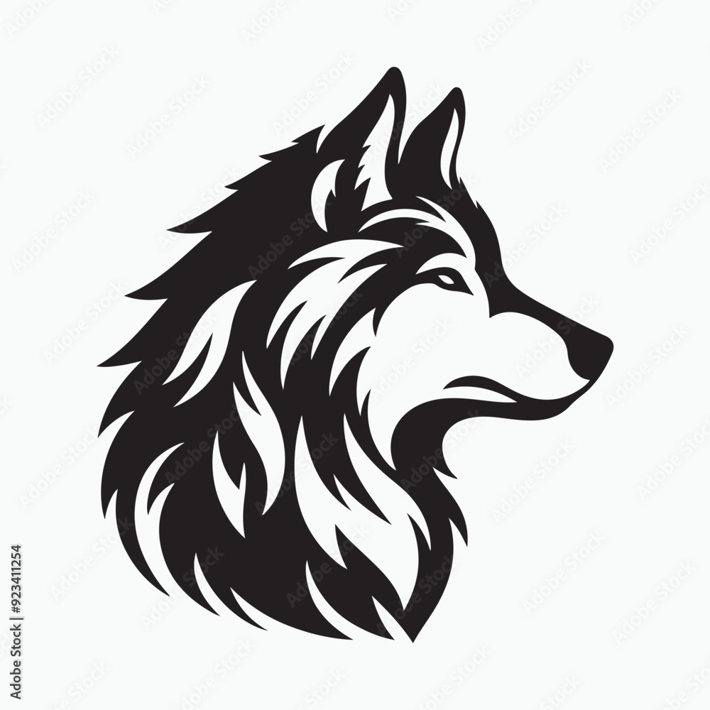 Naklejka premium A sleek and powerful wolf head profile, rendered in black and white, evokes a sense of strength, wilderness, and untamed spirit.