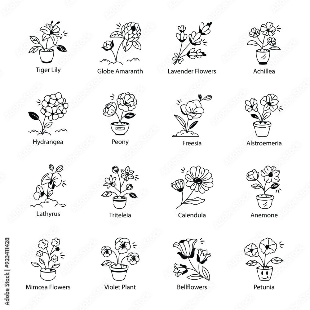 Fototapeta premium Collection of Flower Plants Doodle Icons
