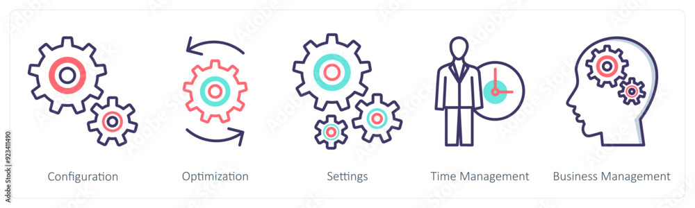 A set of 5 Business icons as configuration, optimization, settings A set of 5 Business icons as configuration, optimization, settings