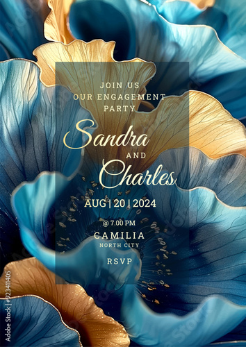 Elegant blue and gold artistic wedding invitation template design, Luxury greeting design, save the date design, colorful texture, Hand drawn texture invitation design