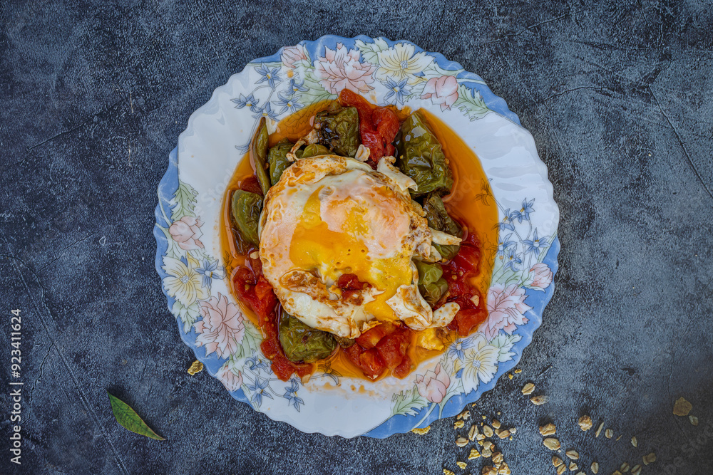 Fried tomatoes and peppers with eggs. Turkish cuisine.