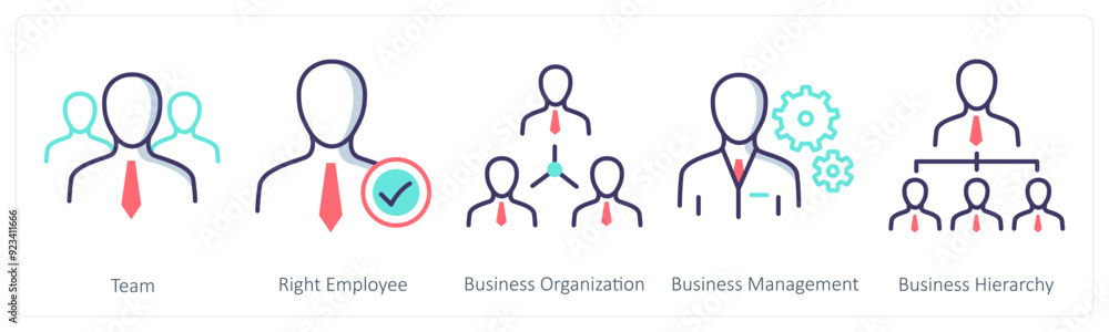 A set of 5 Business icons as team, right employee, business organization A set of 5 Business icons as team, right employee, business organization