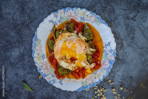 Obraz na płótnie Fried tomatoes and peppers with eggs. Turkish cuisine. w salonie