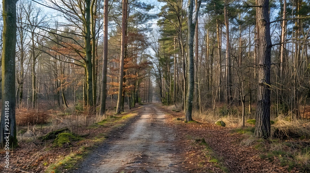 Dirt path through autumn forest Bare trees lining trail Fallen leaves on ground Misty atmosphere Woods exploration Nature walk Outdoor adventure Dirt path through autumn forest Bare trees lining trail Fallen leaves on ground Misty atmosphere Woods exploration Nature walk Outdoor adventure