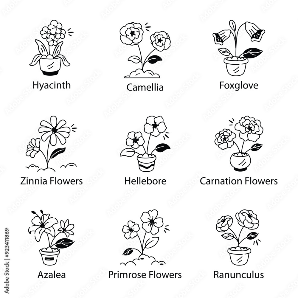 Obraz premium Pack of Garden Flowers Doodle Icons