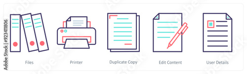 A set of 5 Business icons as files, printer, duplicate copy