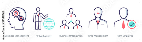 A set of 5 Business icons as business management, global business, business organization