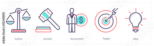 A set of 5 Business icons as justice, auction, accountant