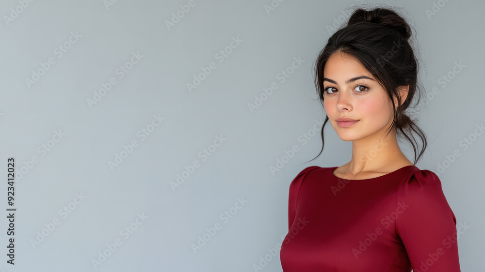 Germany woman wearing red silk dress isolated on gray background Germany woman wearing red silk dress isolated on gray background