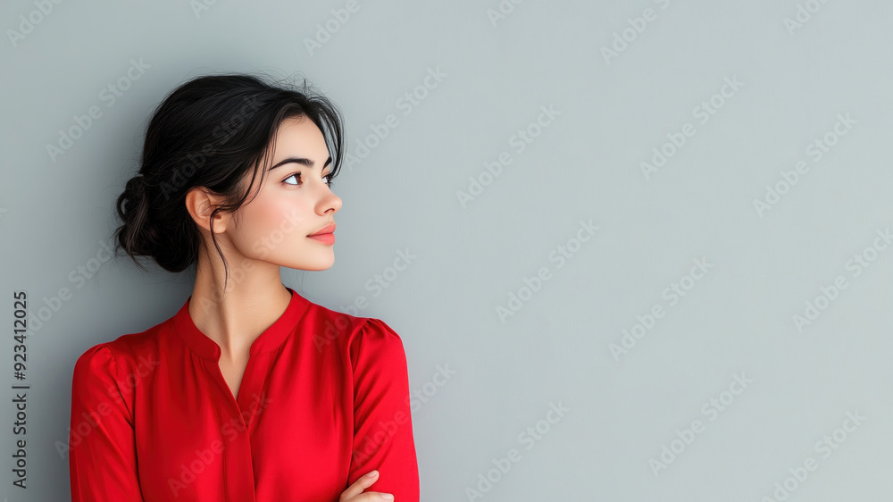 Germany woman wearing red silk dress isolated on gray background Germany woman wearing red silk dress isolated on gray background