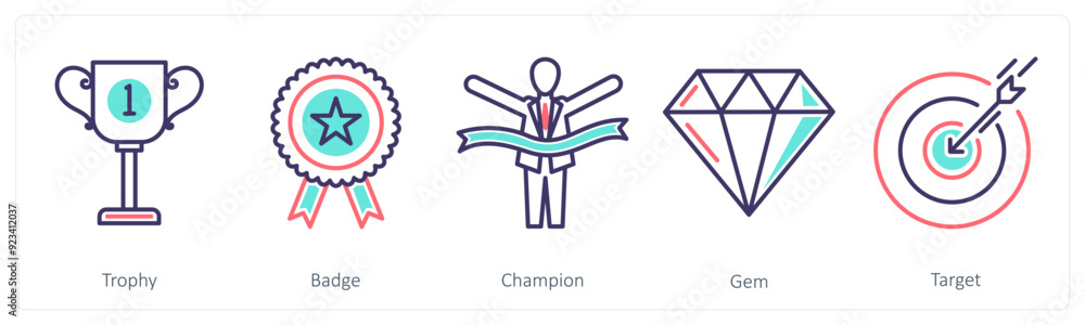 A set of 5 Business icons as trophy, badge, champion A set of 5 Business icons as trophy, badge, champion