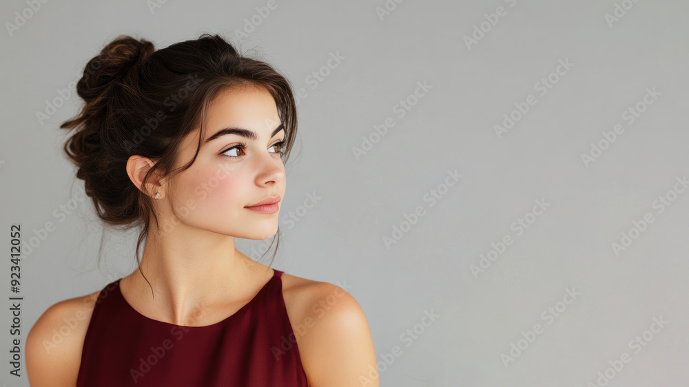 Germany woman wearing red silk dress isolated on gray background Germany woman wearing red silk dress isolated on gray background
