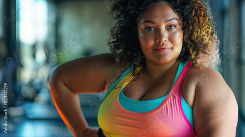 Curly-haired woman of color in bright sports bra at gym Fitness equipment background Body positivity Self-confidence Wellness concept Diverse representation