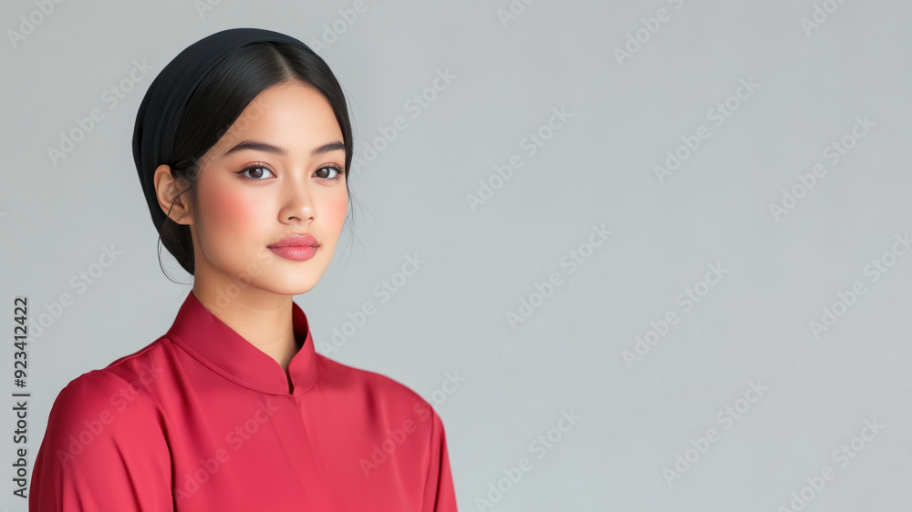 Malay woman wearing red silk dress isolated on gray background Malay woman wearing red silk dress isolated on gray background