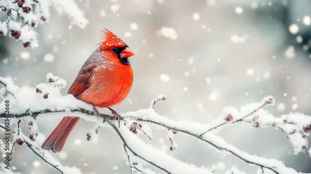 Close-up of a red cardinal bird perched on a snow-covered branch, with a soft winter background. Close-up of a red cardinal bird perched on a snow-covered branch, with a soft winter background.