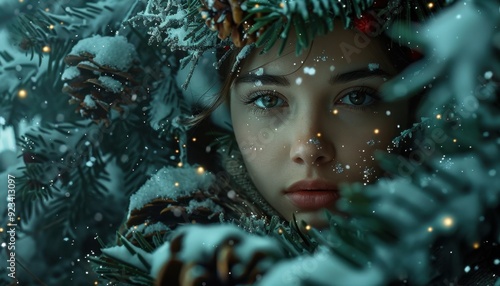 Young person surrounded by snow-covered pine branches during a winter evening