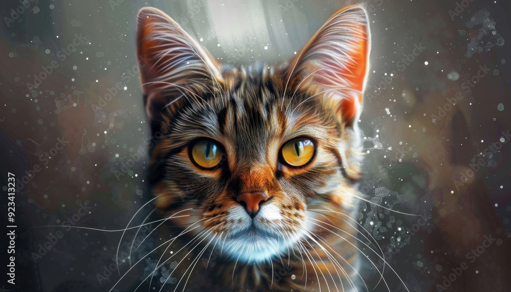 Tabby cat with striking orange eyes gazes curiously in a softly illuminated setting Tabby cat with striking orange eyes gazes curiously in a softly illuminated setting