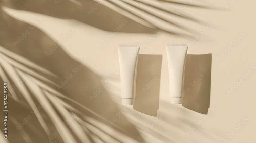 Skincare tubes with artistic shadow on neutral background Skincare tubes with artistic shadow on neutral background