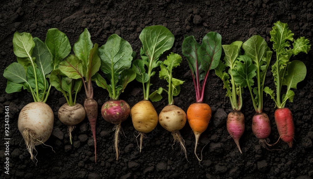 Freshly harvested root vegetables arranged on dark soil in a rustic setting Freshly harvested root vegetables arranged on dark soil in a rustic setting