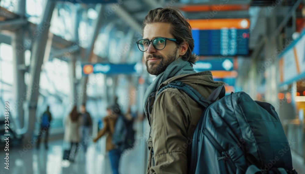 Young traveler with backpack at airport terminal during busy morning hours Young traveler with backpack at airport terminal during busy morning hours