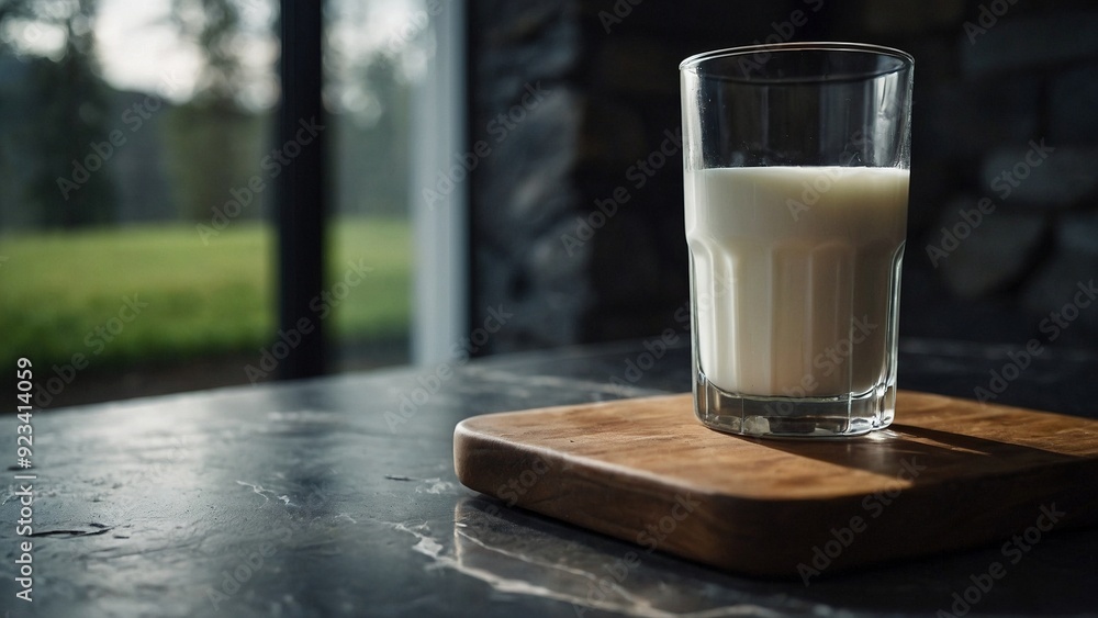 glass of milk on a stone kitchen table, daylight, blurred background with window glass of milk on a stone kitchen table, daylight, blurred background with window