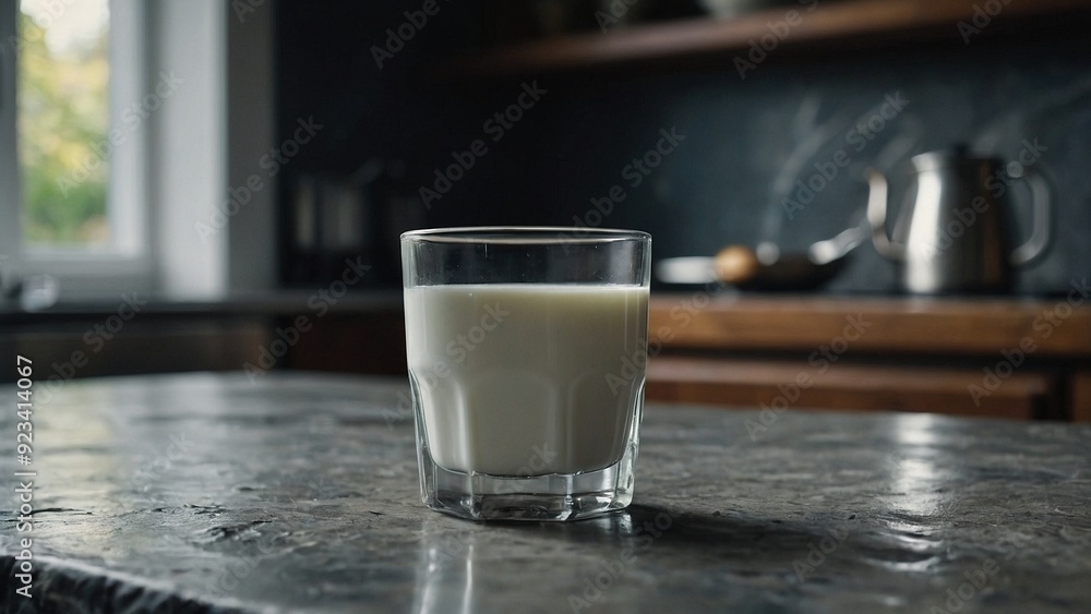 glass of milk on a stone kitchen table, daylight, blurred background with window glass of milk on a stone kitchen table, daylight, blurred background with window