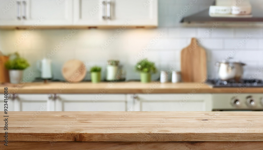 Fototapeta premium Background blurred of a beautiful and bright kitchen with wooden desk for objects