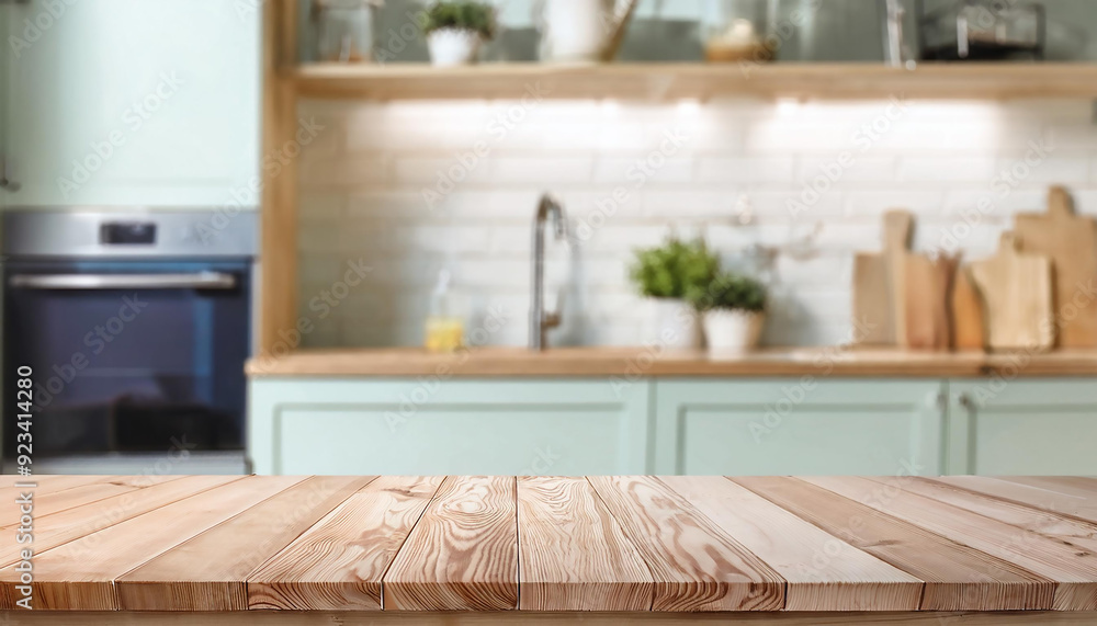 Background blurred of a beautiful and bright kitchen with wooden desk for objects Background blurred of a beautiful and bright kitchen with wooden desk for objects