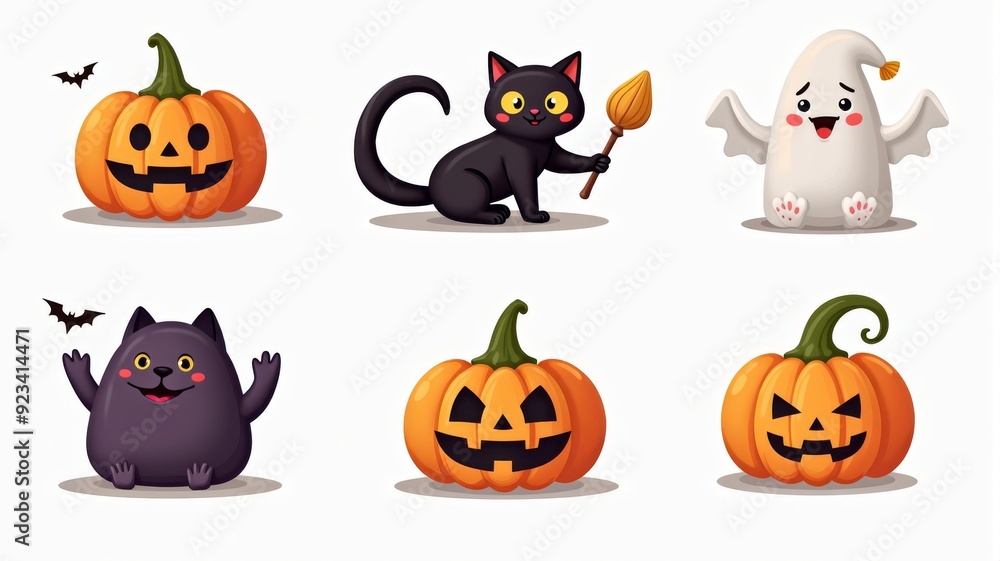 Halloween Cartoon Illustration Featuring Pumpkins, Black Cat, and Ghost with Bats - Perfect for Celebrations and Decorations Halloween Cartoon Illustration Featuring Pumpkins, Black Cat, and Ghost with Bats - Perfect for Celebrations and Decorations